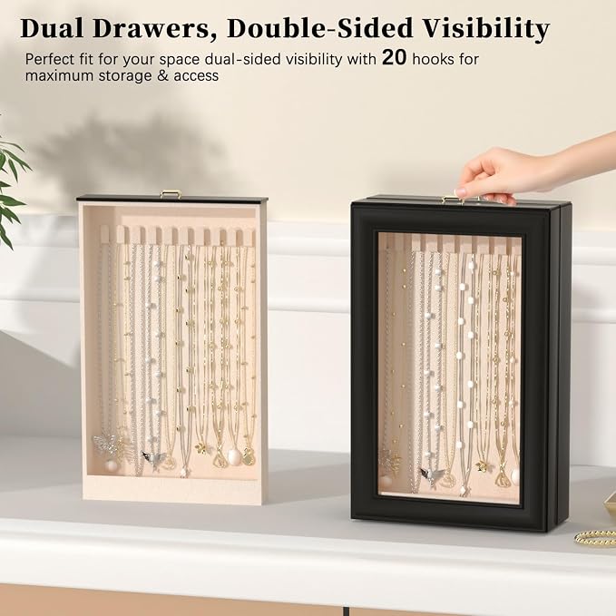 2-Layer Necklace Organizer Box with Double-Sided Clear Lid, Black | Jewelry Storage Case, Anti-Tangle Necklaces Display Holder for Pendants Bracelets, Jewelry Organizer for Women Girls