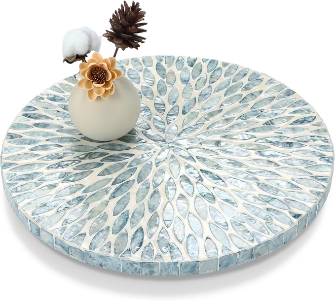 Reallnaive Mother of Pearl Lazy Susan for Table Turntable Organizer Marble Patterned Lazy Susan Wood Spinning Tray Rotating for Kitchen Cabinet Spice Pantry 12 Inch(Round,Blue Floral Petal)
