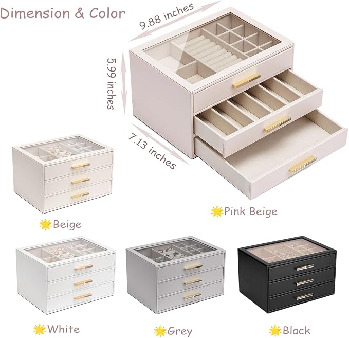 VLANDO 3-Drawer Jewelry Box with Glass Lid, Faux Leather Organizer for Rings Earrings Necklaces and More, Gift-Ready Jewelry Case for Women Girls or Moms, Black