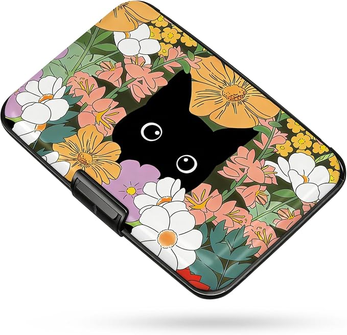 Credit Card Holder for Women Men Cat Hiding in Flowers | Mini Aluminum Card Case, Slim Design, RFID Blocking, Metal Business ID Case