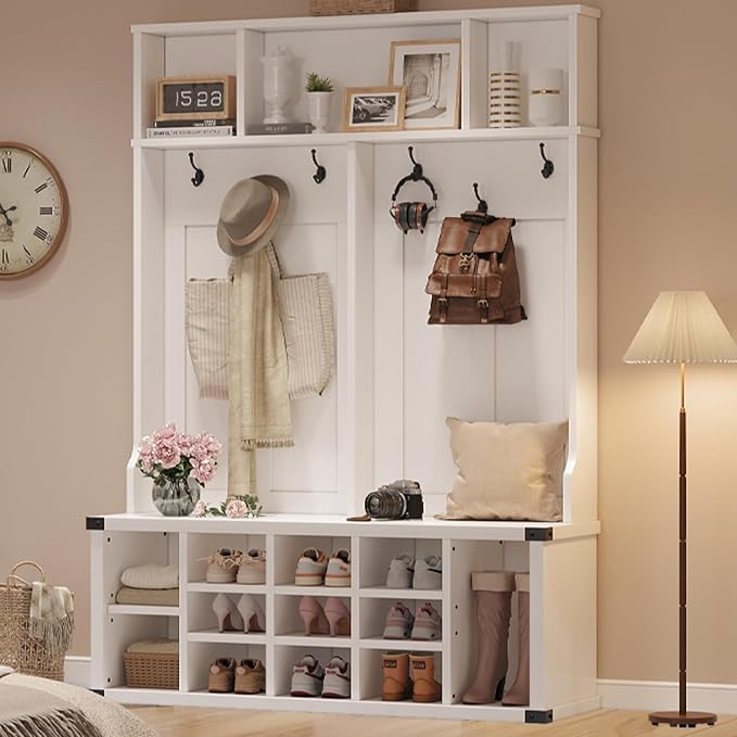 Garvee Farmhouse Entryway Hall Tree with Bench, Shoe Storage & Coat Rack | Large 5-in-1 Mudroom Storage w/ 6 Tri-Hooks & Seating, 13 Cubbies & Adjustable Shelf, Metal Corner Protctor, White