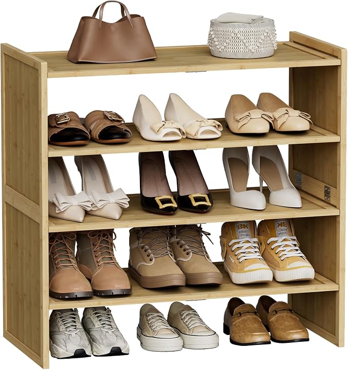 4 Tier Bamboo Shoe Rack, Tall Wood Shelf for Closet | 4 tiers maximize vertical space. 6.7in height fits boots. Great for living room, closet, balcony.