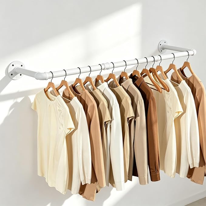 Industrial Iron Pipe Clothes Hanging Bar DIY Wall-Mounted Garment Rack Heavy Duty Clothing Rack for Bedroom, Laundry Room, Closet Storage (White 36 inch)