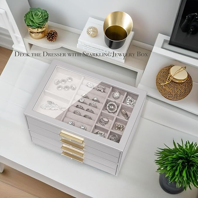 VLANDO 4-Drawer Jewelry Box with Glass Lid, Faux Leather Organizer for Rings Earrings Necklaces and More, Gift-Ready Jewelry Case for Women Girls or Moms, Grey