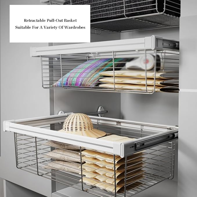Pull Out Cabinet Storage Basket,Stackable Detachable Baskets Closet Storage Box,Telescopic Coat Drawer for Kitchen,for Kitchen Office Wardrobes Cupboard Storage(White,864x456x205mm)