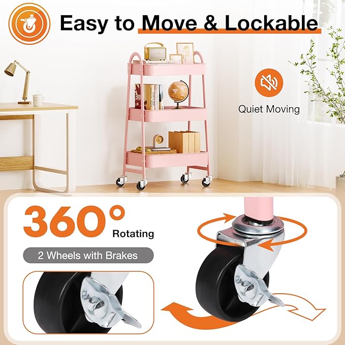 NEWBULIG 3-Tier Metal Rolling Cart with Lockable Wheels, Heavy Duty Mobile Utility Storage Shelf, Roller Book Snack Cart, Organization for Livingroom, Bathroom, Office, Pink