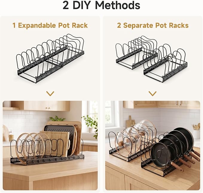 MUDEELA Pot Lids Organizer Rack for Cabinet, Expandable 11.81" to 22.85" Pot and Pan Organizer Holder with 14 Adjustable Dividers, Baking Cookie Sheet Bakeware Cutting Board Kitchen Storage Organizer