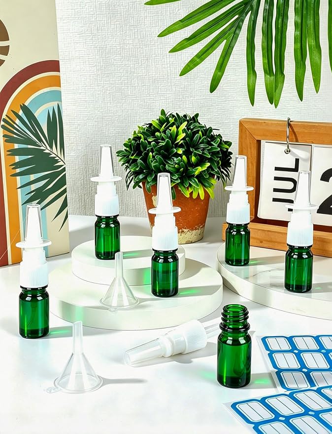 10 Pcs Nasal Spray Bottle, 5ML/0.17OZ 6 Pcs Green Fine Mist Glass Refillable Empty Nasal Spray Bottle with 2 Funnels and 2 Labels