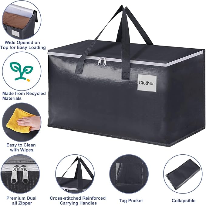 StorageRight Heavy Duty Moving Boxes-Moving Bags with Zipper, Reinforced Handles and Tag Pocket-Collapsible Moving Supplies-Totes for Storage Great for Moving, Storage and Travel 93L(Gray-8 Pack)