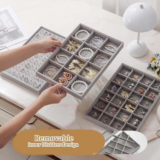 Large Jewelry Organizer for Drawer Insert Velvet Stackable Jewelry Trays for Earring Necklace Bracelet Ring Display (Gray, 12 Grids)