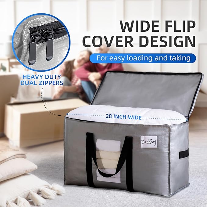 TAILI Extra Large Moving Bags, 2 Pack Silver Heavy Duty Totes for Storage with Visible Window, Wrap Around Handles, Storage Bags for Space Saving, Alternative to Moving Boxes