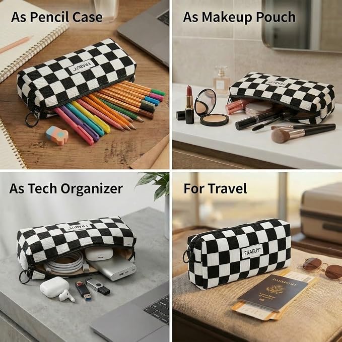 Soft Corduroy Pencil Case Pen Pouch Organizer, Small Stationery Bag | Cute black checkerboard pencil pouch, smooth zipper, daily cosmetics holder, compact organizer for school teen girls, women