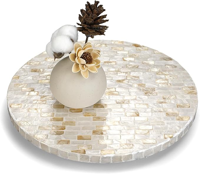 Reallnaive Mother of Pearl Lazy Susan for Table Turntable Organizer Marble Patterned Lazy Susan Wood Spinning Tray Rotating for Kitchen Cabinet Spice Pantry 12 Inch(Round,Marble)