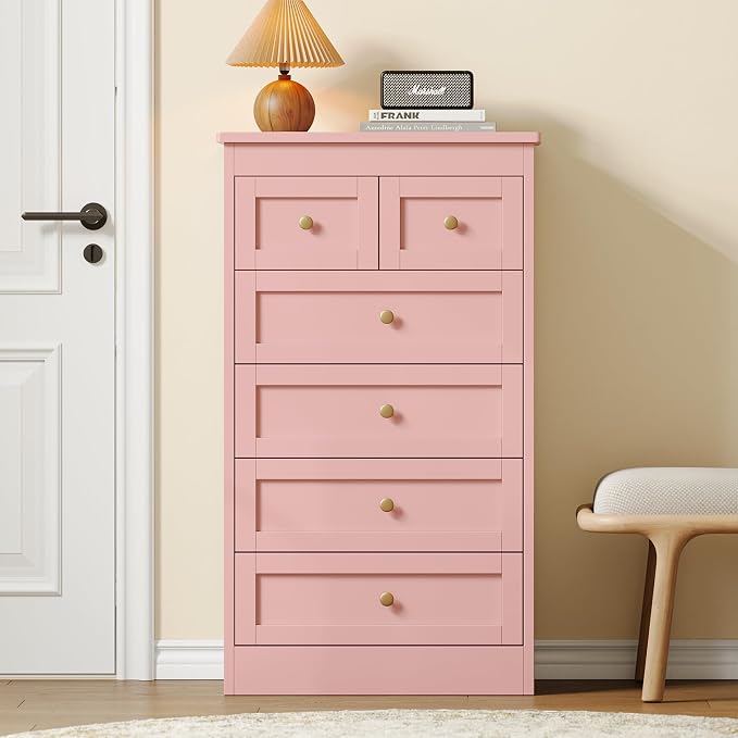 wanan Tall 6 Drawer Dresser for Bedroom, Pink Modern 43.3'' Tall Wood Chest of Drawers, Storage Organizer with Smooth Metal Rails & Anti-Tip Kit for Closet, Hallway, Living Room