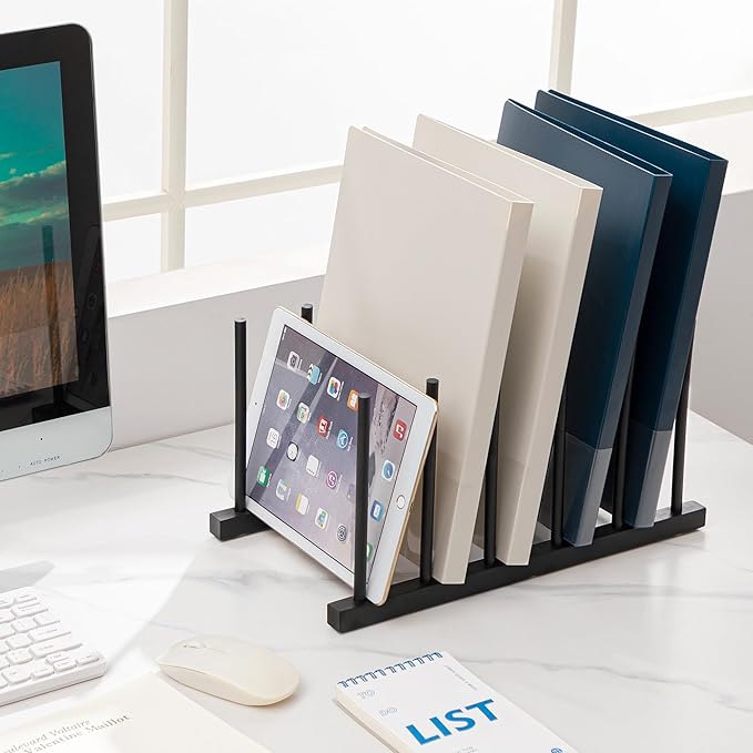 HBlife Black Desk File Organizer 5 Section Vertical File Sorter, 1 Pack Bamboo Binder & Folder Holder for Home, Office & School