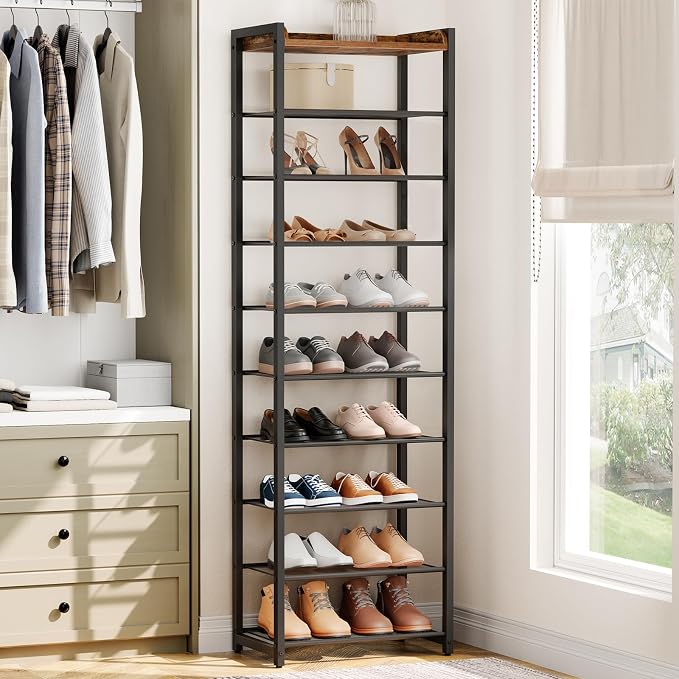 HOOBRO 10 Tier Shoe Rack, Large Capacity Shoe Storage for 18-20 Pairs, Sturdy Metal Shoe Shelf for Closet Entryway, Space Saving Shoe Organizer for Sneakers Heels, Rustic Brown BF40XJ01