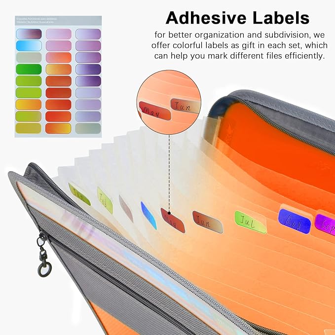 NAFY Expanding File Folder, 13 Pockets Document Organizer with Zipper, A4 Letter Size Portable Accordion Expanding File Folders with 27pcs Multicolor Labels for Home Office School Supplies (Orange)