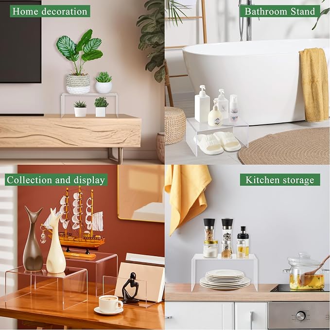 RattanView 2 Pcs 10 Inch, 12 Inch Large Acrylic Risers Display Stands 5 mm Thick Acrylic Shelf Riser Showcase for Collectibles Jewelry Cupcakes Food Figures Perfume Cabinet (Clear)