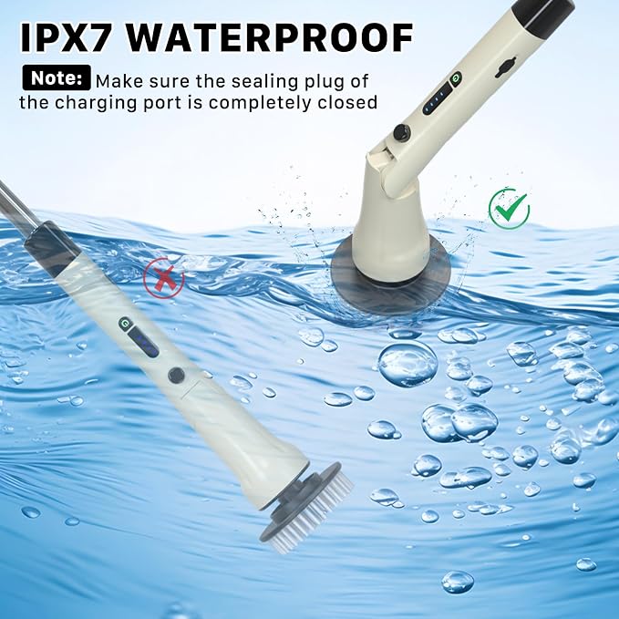 Electric Spin Scrubber, Hillyfe Bath Scrubber for Cleaning with 7 Replaceable Brush Heads, IPX7 Waterproof,300/400 RPM, 3 Adjustable Size,Cordless Shower Cleaner Brush for Bathroom Floor,Beige