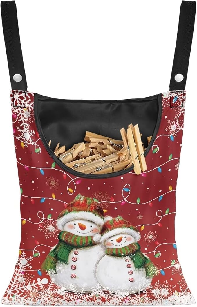 Christmas Snowman Laundry Clothespin Bag Holds 100 Medium-Sized Clothes Pins, Red Waterproof Polyester Material, 2 Ropes for Hanging and Effortlessly Sliding on Clothesline