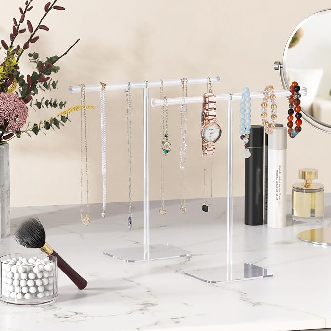 Jewelry Stand Necklace Stand 2 Tower, Clear Necklace Holder, Jewelry Holder | Acrylic Jewelry Organizer, Bracelet Hanging Organizer, Display Stand for Bangles, Rings, Earrings and Watch