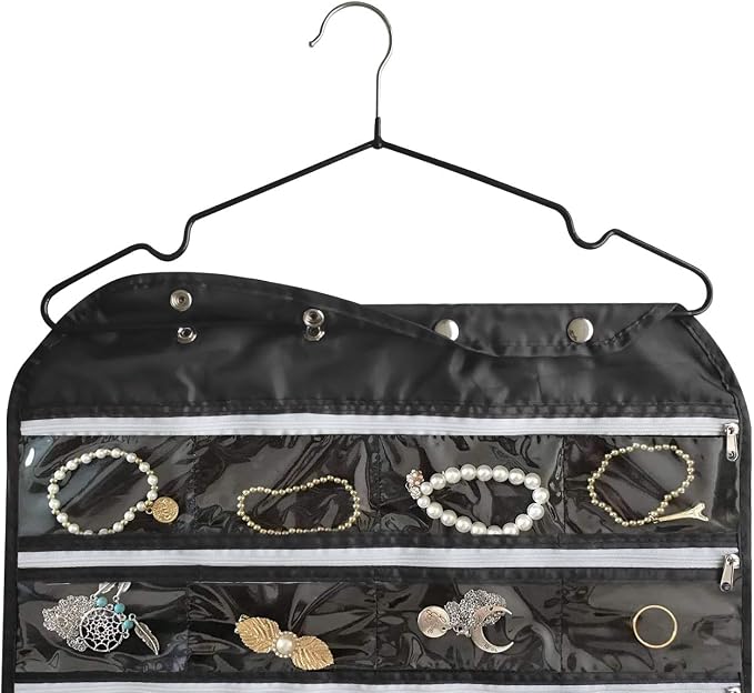 BB Brotrade Hanging Jewelry Organizer with Oxford Double Side 80 Zippered Storage Pocket (black)