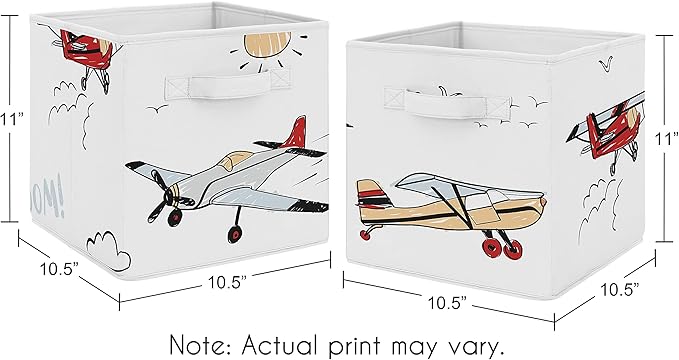 Sweet Jojo Designs Vintage Airplane Foldable Fabric Storage Cube Bins Boxes Organizer Toys Kids Baby Childrens - Set of 2 - Grey Yellow Orange Red White Blue Airplanes Air Plane Transportation Clouds