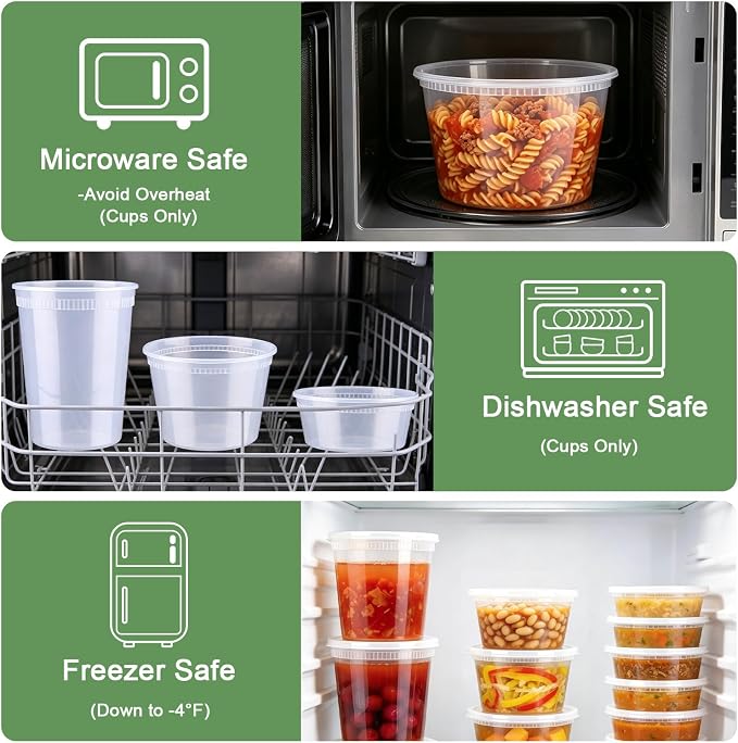 Lamosi Deli Containers with Lids 48 Sets, 32/16/8 oz X 16 Set Each | BPA Free Plastic Food Containers with Lids for Soup and Takeout Meal Prep Storage, Freezer, Microwave and Dishwasher Safe