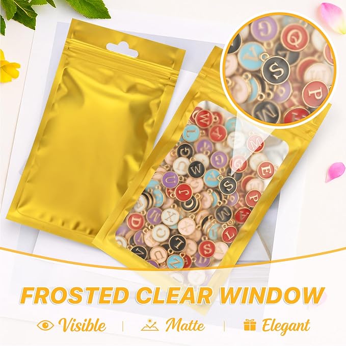 100 PCS Resealable Mylar Bags with Frosted Clear Window Bags Packaging Bag Foil Pouch Zipper Bag for Food Self Sealing Storage Supplies (4.72x7.87, Golden)