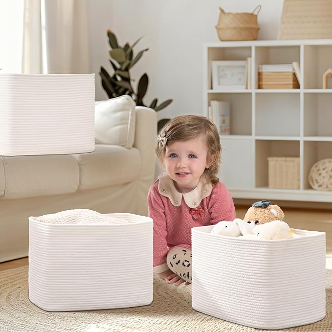 3 Pack Cube Storage Bin, 17”x12”x12” Cotton Rope Woven Baskets for Organizing Toys Clothes Towels, Square Gift Storage Baskets for Shelves, Nursery, Closet, Bathroom, Pantry (White)