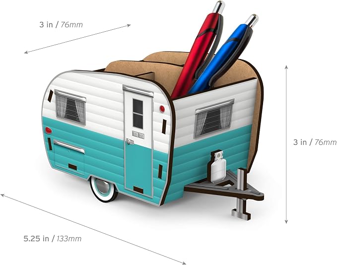 Genuine Fred HAPPY CAMPER Vintage Camper Pencil Holder, White and Blue, Retro Desk Organizer- Great Gift for Coworkers and Travel Enthusiasts - Functional Desk & Cubicle Accessory