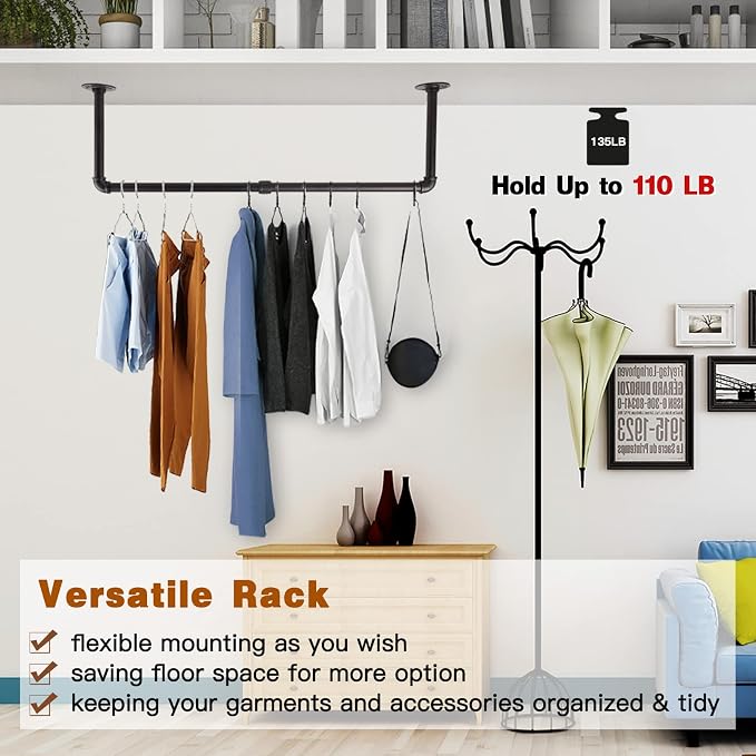 Wall Mounted Clothes Rack - 36" Industrial Pipe Clothing Garment Rack, Space - Saving Heavy Duty Detachable Black Iron Clothes Organizer, Multi-Purpose Hanging Rod for Closet Storage, 2 Base