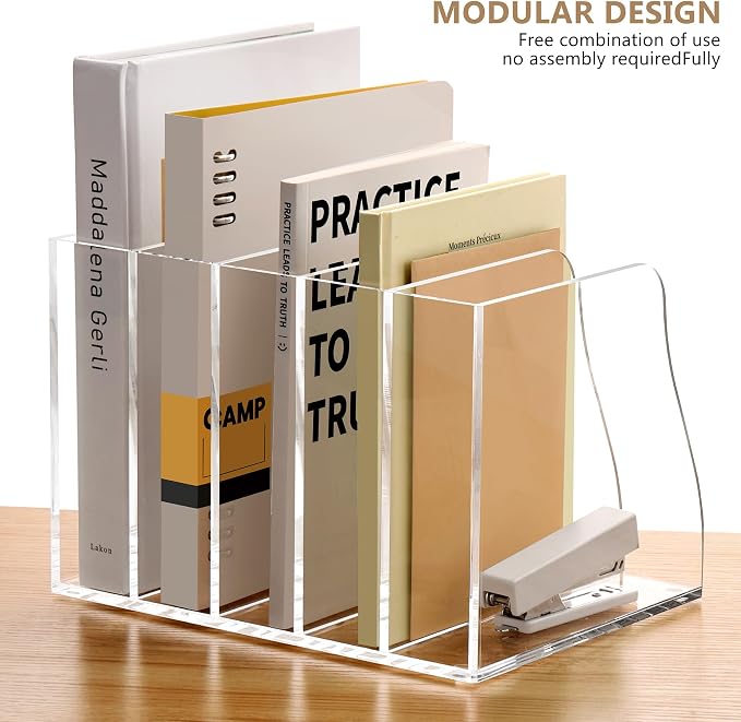SANRUI Acrylic Magazine File Holder Desk Organizer, Clear 5 Vertical Compartments Workspace Document Sorter, Folder Rack Binder for Office Home Classroom Tablet, Books & Accessories Storage