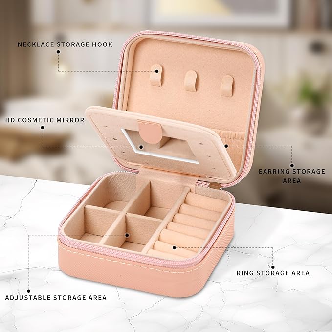 Neveika Jewelry Box with Mirror,Small Jewelry Organizer Box，Travel Jewelry Case for Women，Gift Jewelry Boxes for Female Girls (mirror pink)