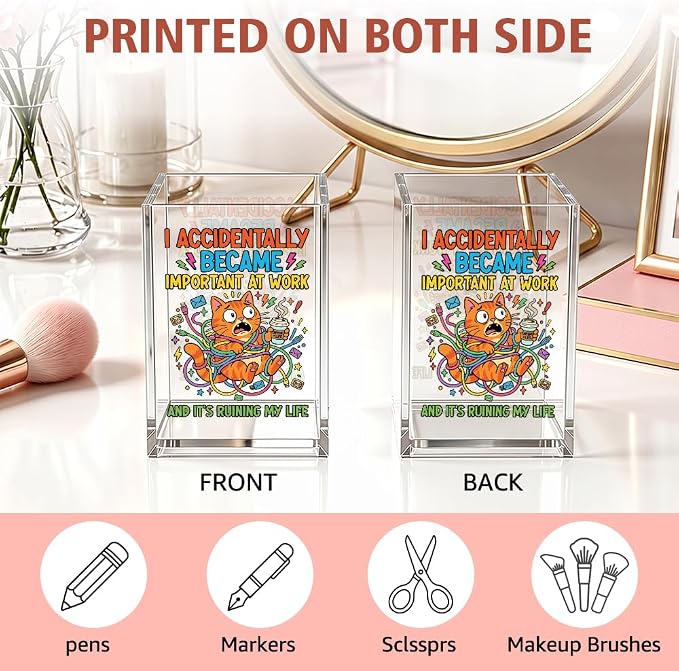 I Accidentally Became Important at Work Acrylic Pencil Holder Cup | Funny Cat Pen Holder for Desk, Coworker Boss Gifts for Women Men Employees, Sarcastic Work Gifts, Novelty New Job Present