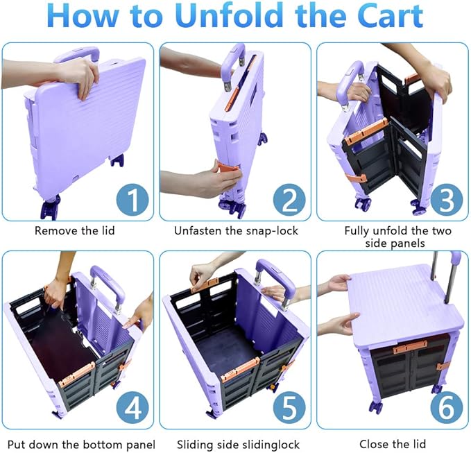 FELICON SELORSS Foldable Utility Cart Folding Portable Rolling Crate Handcart with Durable Heavy Duty Plastic Telescoping Handle Collapsible 4 Rotate Wheels for Travel Shop Move Luggage Office(Purple