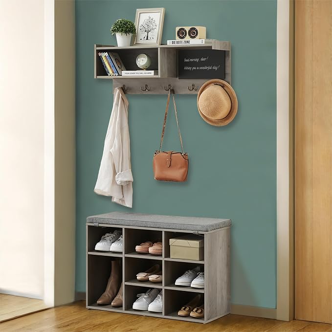 Entryway Shoe Bench with Coat Rack, Cushioned Storage Seat with Cubbies, Shoe Rack Bench for Front Door Entrance, Hall Tree with Hooks, Blackboard & Extra Storage for Entryway, Hallway & Living Room