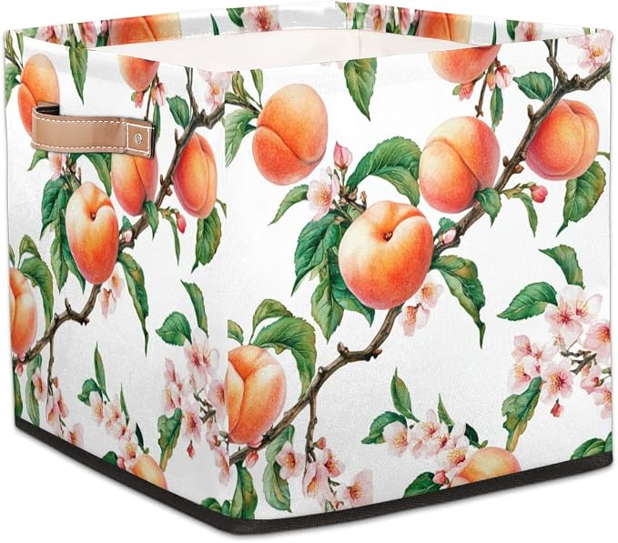 TropicalLife Peach Fruit Flower Storage Cube, 13 Inch Fabric Cube Storage Organizer Bin for Shelves Clothes, Decorative Foldable Storage Boxes