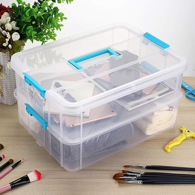 BTSKY 2 Layer Stack & Carry Box, Plastic Multipurpose Portable Storage Container Box Handled Organizer Storage Box for Organizing Stationery, Sewing, Art Craft, Jewelry and Beauty Supplies Blue