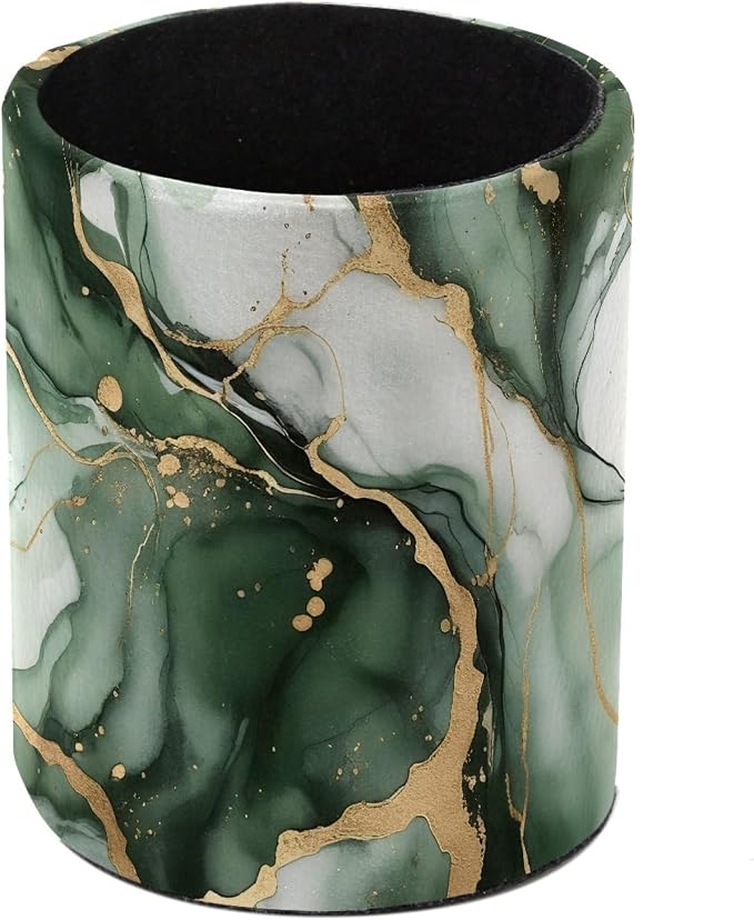 Faux Leather Pen Holder for Desk, Pencil Organizer Green Marble Texture Pen Cup Desk Decor Makeup Brush Holder Storage for Office Home