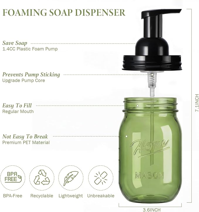 Amolliar Plastic Mason Jar Foaming Soap Dispenser Pump Lid, 16oz Foam Soap Dispenser with Cute Lables - Green Refillable Hand Soap Dispenser for Bathroom Kitchen Shower (2 Pack, Black)