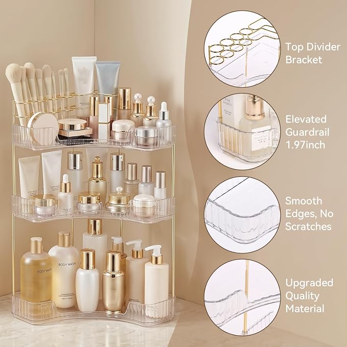 3-Tier Corner Bathroom Counter Organizer with Makeup Brush Holder, Clear | Large Makeup Organizers for Vanity, Corner Bathroom Countertop Organizer for Cosmetic Perfume Skincare Storage