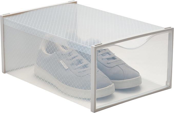 Simplify Set of 12 Stackable Shoe Boxes | Customizable | Fits Size 11 Shoes | Drop Front Design | Closet Storage | Sneakers | Heels | Clear and White