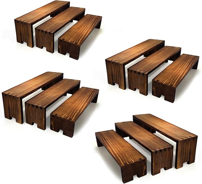 Yikaroeli 4 Set Wood Display Risers Wooden Cupcake Stand 3 Tier 12 Pcs Tiered Desert Food Display Stands for Party Display Cake Stands Cologne Perfume Racks for Vendor Events(Brown)