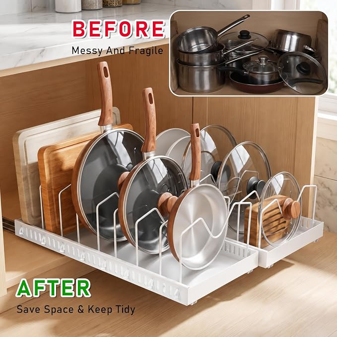 2 Pack Pull Out Pots And Pans Organizer Under Cabinet, Sliding Lid | Holder and Pan Rack, Slide Out Inside Cabinet Storage for Pot Lid Bakeware Dishes, 8 Adjustable Dividers, White