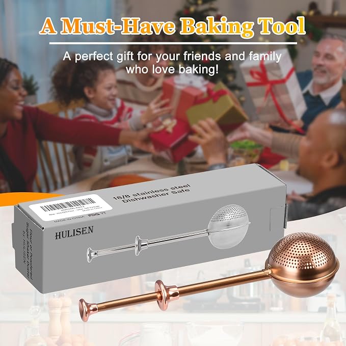 HULISEN Flour Duster, 304 Stainless Steel Flour Sifter for Baking, Brown | Spring-Press Handle, Dishwasher Safe, For Flour, Powdered Sugar, Fine Spices, Pick Up and Dust Flour Sifter, Gift Package