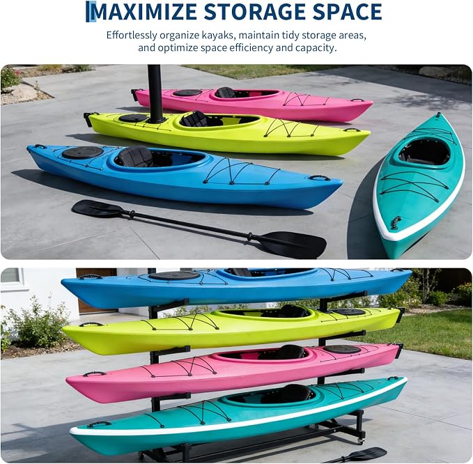 Freestanding Kayak Storage Rack with Wheels, Adjustable Kayak Racks for Garage and Outdoor, Heavy Duty Kayak Stands for Canoes, Kayaks, SUP and Surfboards