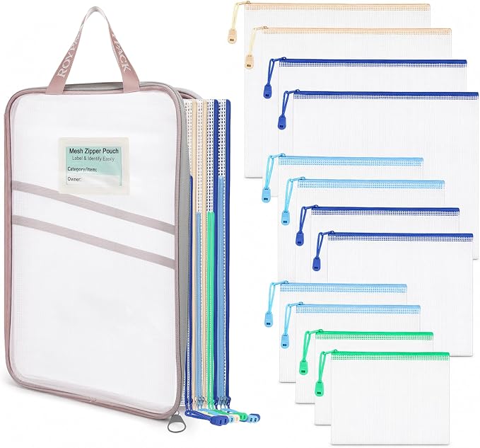 12 Pack PVC Mesh Zipper Pouches with 1 Organizer Bag 13pcs Total 3 Sizes A4 A5 B6 Translucent File Bags for Journaling Planner School Office Classroom and Travel Supplies (13pcs)