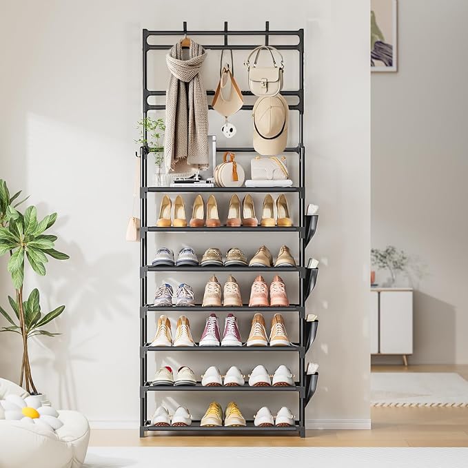 OYREL Shoe Rack 7 Tier Shoe Organizer Storage 21-28 Pairs | Closet Shoes Rack for Front Door Entrance Shoe Rack Organizer with Hooks Side Pocket Entryway Large Capacity Shoe Shelf Tower