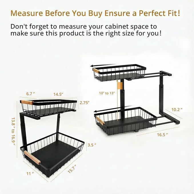 Under Sink Organizer 2 Pack, 2 Tier Pull Out Cabinet Organizers and Storage for Kitchen Bathroom Pantry Laundry, Adjustable Height, Slide Out Thickened Metal Storage Shelf (Black, 2 Pack)